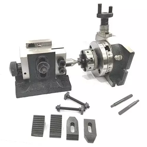 Assorts Rotary Table 80 mm (3 Inch) with ER16 Collet Adaptor, M6 Clamp Kit, Round Vice, Tailstock & A Chuck With Back Plate & Fixing Tnuts (With 50 mm 4 Jaw)