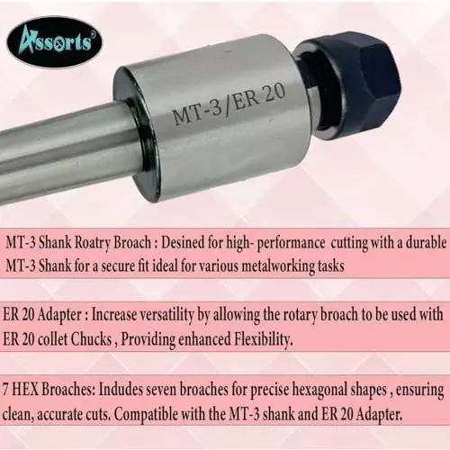 Assorts Rotary Broach Kit ER20 Adapter 3MT for Lathe Metalworking