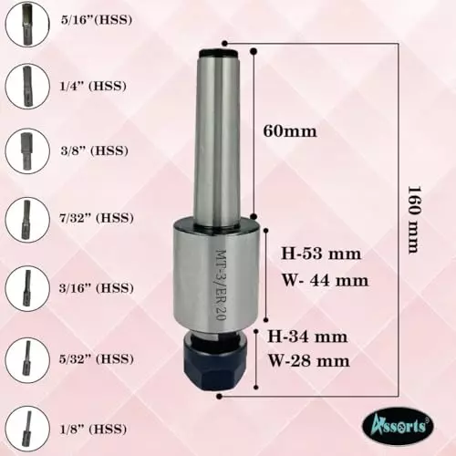 Assorts Rotary Broach Kit ER20 Adapter 3MT for Lathe Metalworking