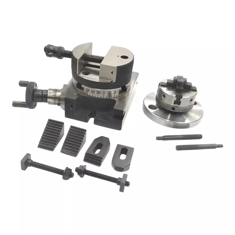 Assorts Rotary Milling Table Set Iron 80 mm (3 Inch) Size 50 mm Chuck Size 4 Jaws Self Centering Chuck M6 Clamp Kit & Small Chuck With Back Plate & Fixing T Nuts Bolts