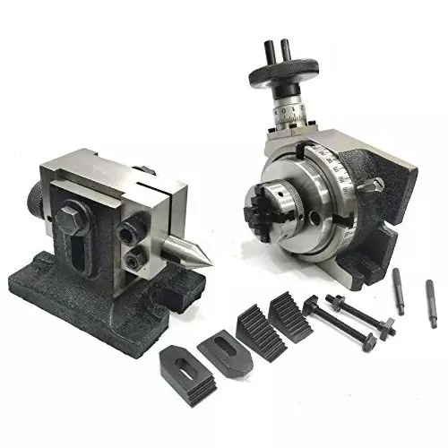 Assorts Quality Precision Rotary Table 100 mm (4 Inch) with Tailstock, M6 Clamp Kit & Round Vice/Vise (with 50 mm 4 Jaw Self Centering Chuck)
