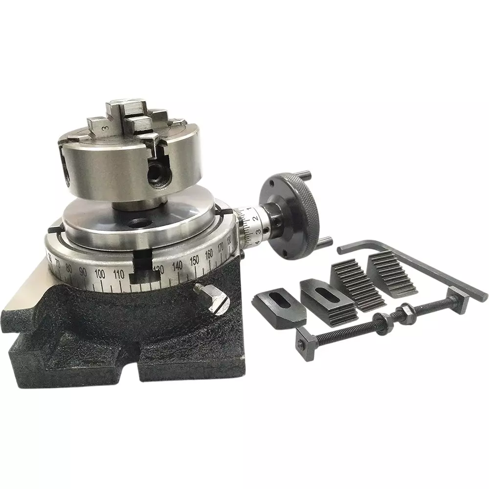 Assorts Quality Precision Rotary Table 100 mm (4 Inch) with M6 Clamp Kit & Small Chuck (with 70 mm 4 Jaw Independent Chuck)