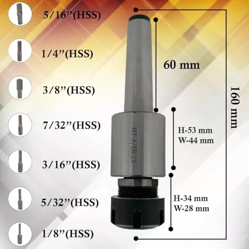 Assorts Rotary Broach Kit Tool Steel ER-25 Adapter MT3 Shank with 7-Piece Hex Broach Set