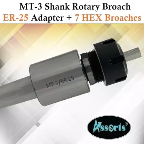 Assorts Rotary Broach Kit Tool Steel ER-25 Adapter MT3 Shank with 7-Piece Hex Broach Set