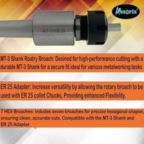 Assorts Rotary Broach Kit Tool Steel ER-25 Adapter MT3 Shank with 7-Piece Hex Broach Set