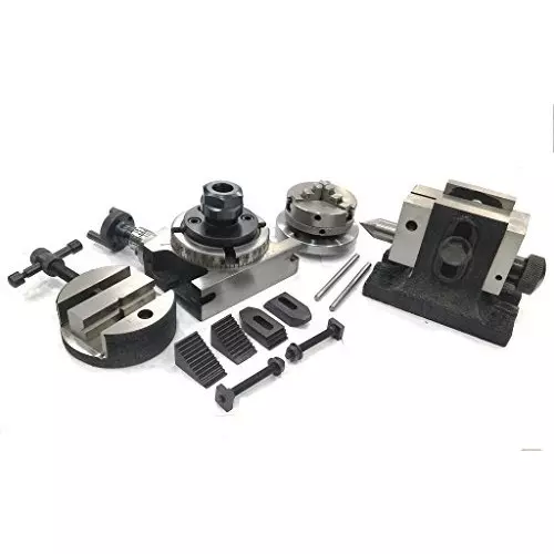Assorts Rotary Table 80 mm (3 Inch) with ER16 Collet Adaptor, M6 Clamp Kit, Round Vice, Tailstock & A Chuck With Back Plate & Fixing Tnuts