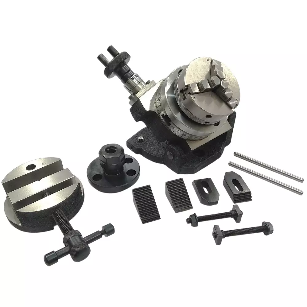 Assorts Tilting Rotary Table 80 mm (3 Inch) with 65 mm 3 Jaws Self Centering Chuck With Back Plate, ER16, Round Vice & M6 Clamp Kit