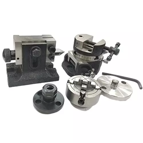 Assorts Tilting Rotary Table 80 mm (3 Inch) with Round Vice, ER20 Collet Adaptor, Tailstock & Chuck W/Back Plate + Fixing T Nut Bolts (With 70 mm 4 Jaw)