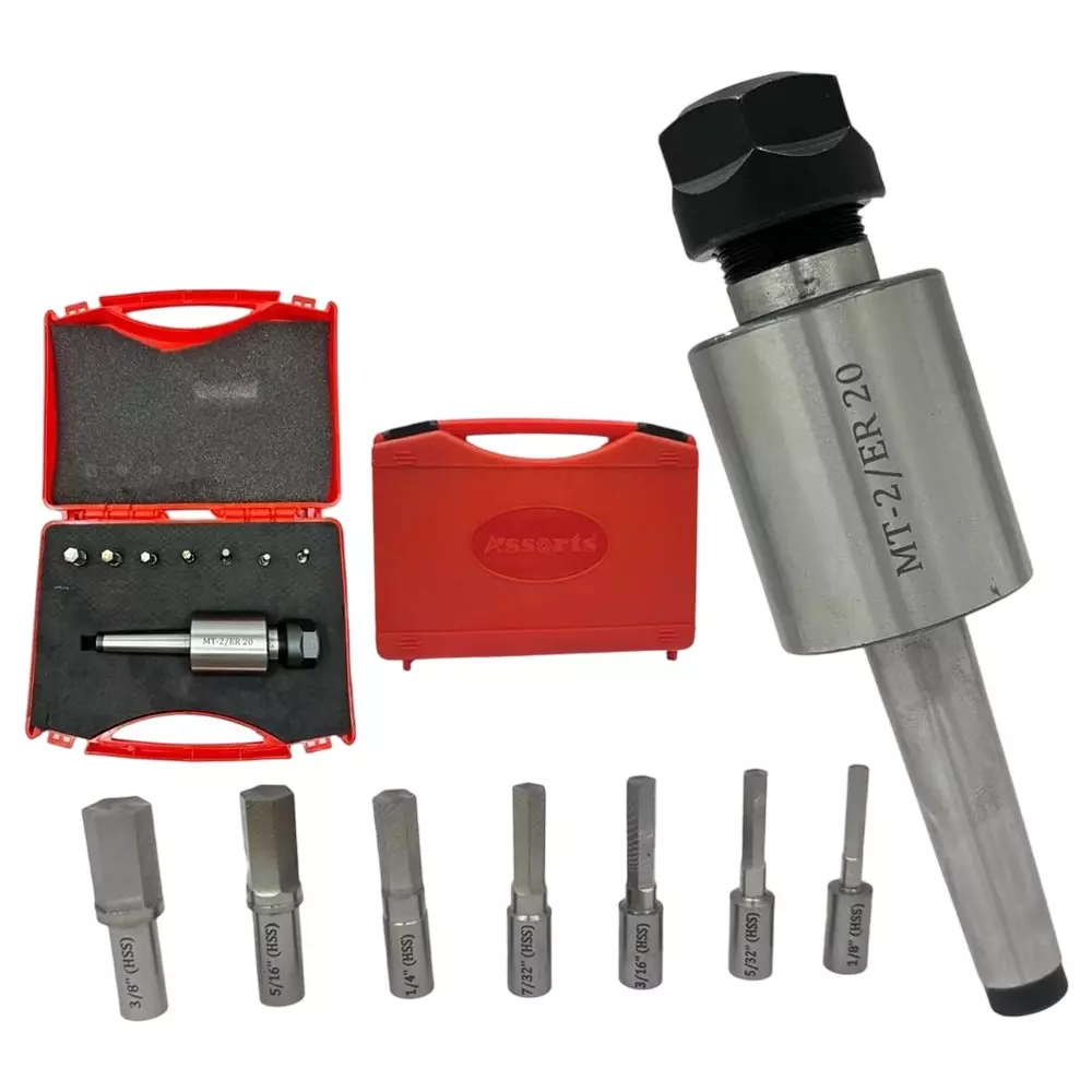 Assorts Rotary Broach Kit Tool Steel ER-20 Adapter MT2 Shank with 7-Piece Hex Broach Set