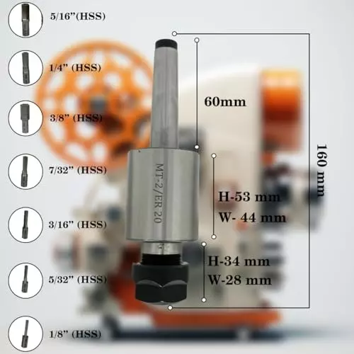 Assorts Rotary Broach Kit Tool Steel ER-20 Adapter MT2 Shank with 7-Piece Hex Broach Set