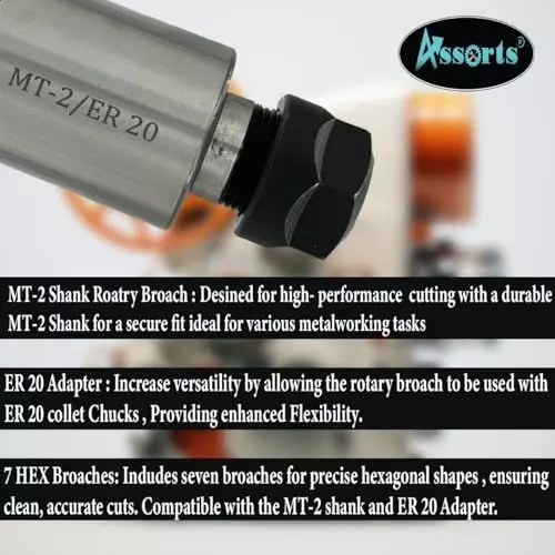 Assorts Rotary Broach Kit Tool Steel ER-20 Adapter MT2 Shank with 7-Piece Hex Broach Set