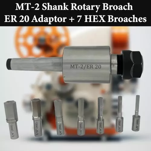 Assorts Rotary Broach Kit Tool Steel ER-20 Adapter MT2 Shank with 7-Piece Hex Broach Set