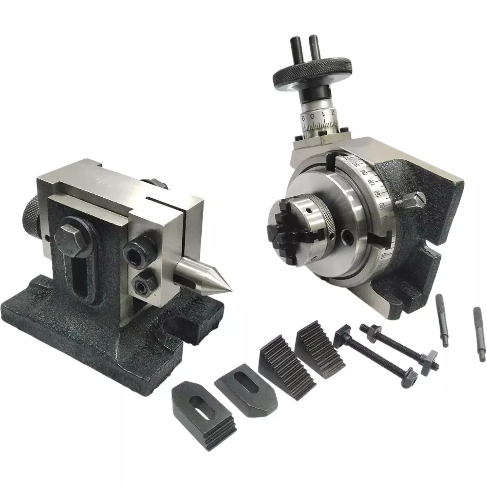 Assorts Precision Rotary Table 100 mm (4 Inch) with Tailstock & Small Chuck & Fixing T Nut Bolts (with 50 mm 4 Jaw Self Centering Chuck)