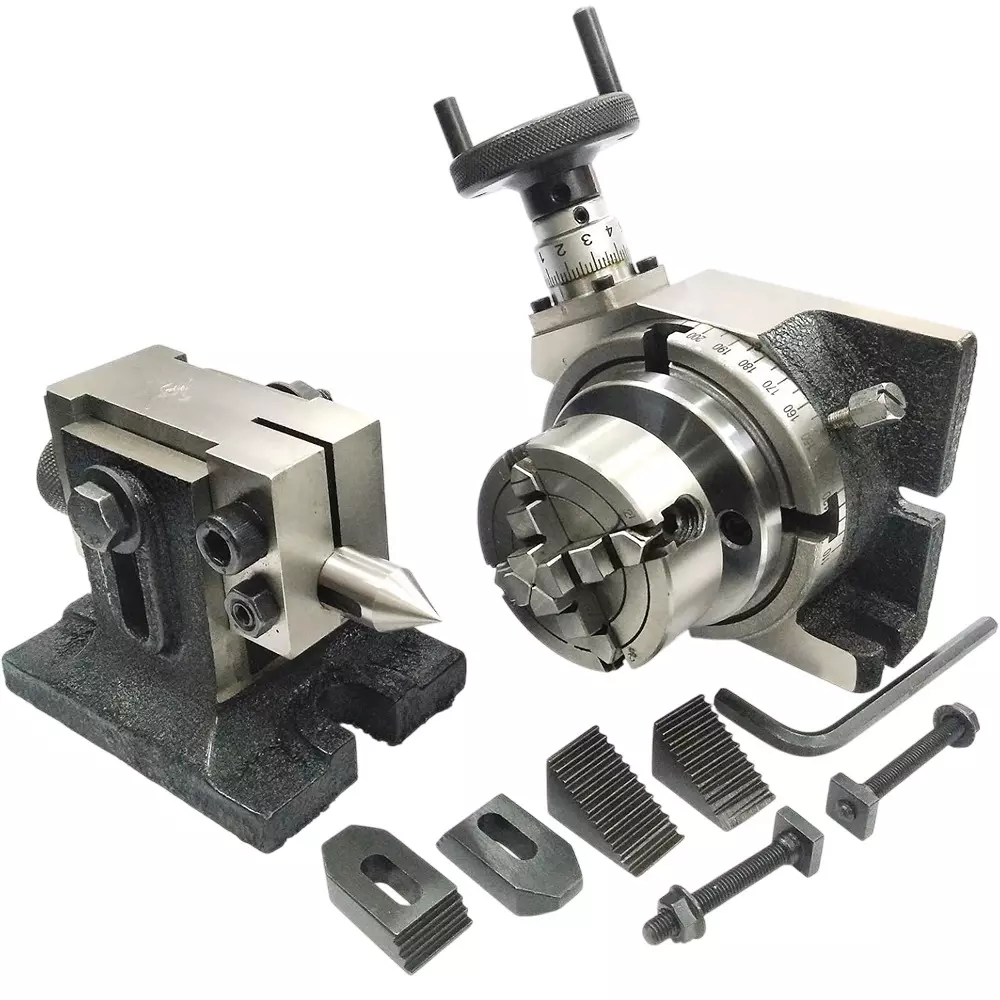 Assorts Precision Rotary Table 100 mm (4 Inch) with Tailstock & Small Chuck & Fixing T Nut Bolts (with 70 mm 4 Jaw Independent Chuck)
