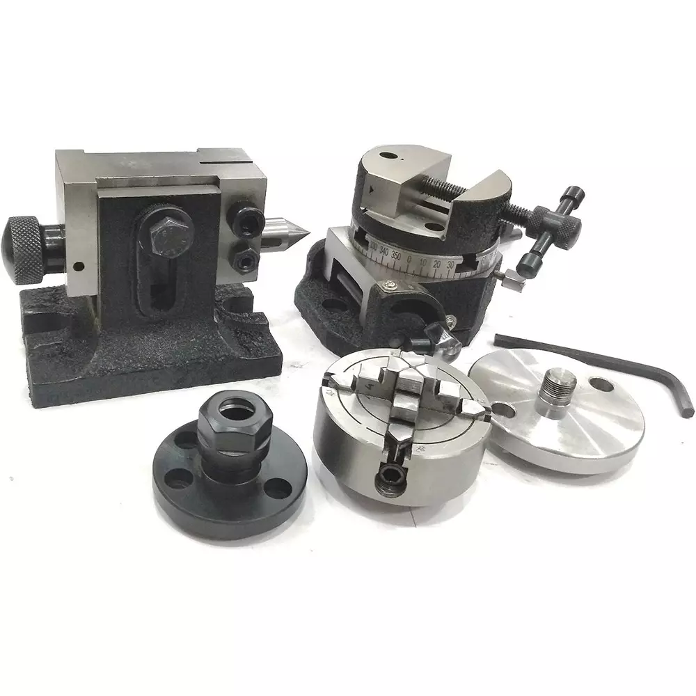 Assorts Tilting Rotary Table 80 mm (3 Inch) with Round Vice, ER16 Collet Adaptor, Tailstock & Chuck W/Back Plate + Fixing T Nut Bolts (With 70 mm 4 Jaws)