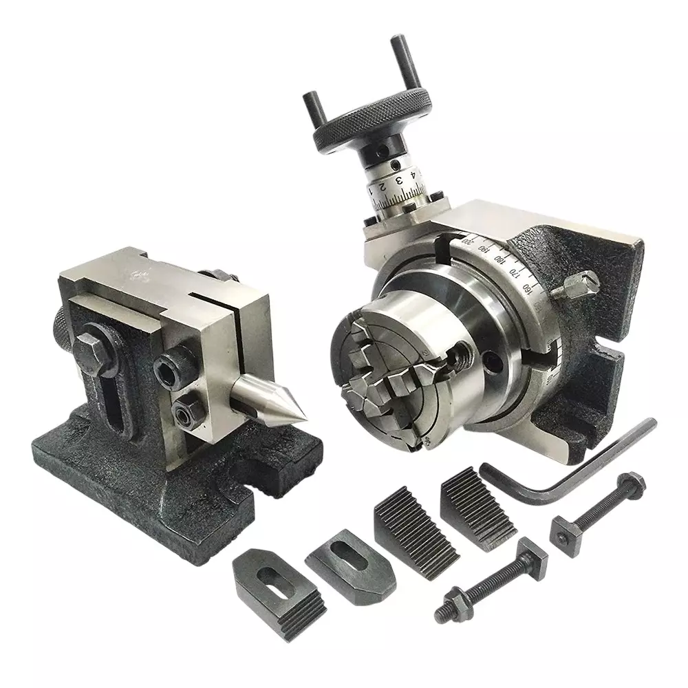 Assorts Precision Rotary Table 100 mm (4 Inch) with Tailstock, M6 Clamp Kit & Round Vice/Vise (with 70 mm 4 Jaw Independent Dog Chuck)