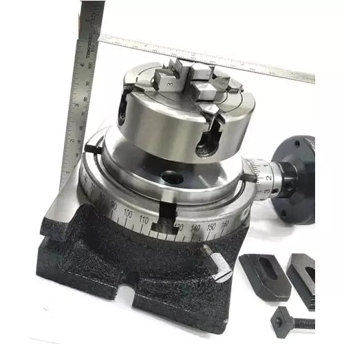 Assorts Precision Rotary Table 100 mm (4 Inch) with Tailstock, M6 Clamp Kit & Round Vice/Vise (with 70 mm 4 Jaw Independent Dog Chuck)