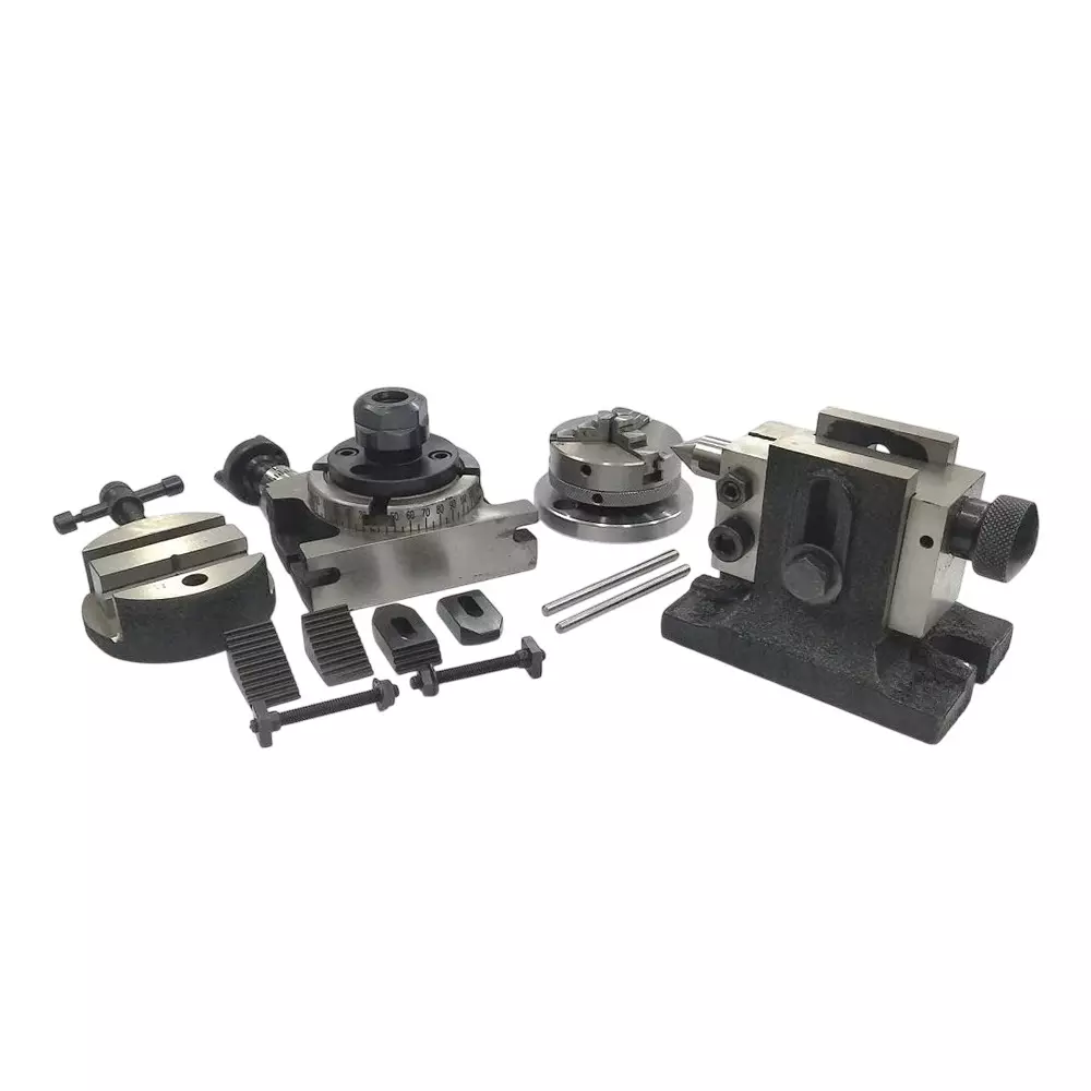 Assorts Rotary Table 80 mm (3 Inch) with ER20 Collet Adaptor, M6 Clamp Kit, Round Vice, A Suitable Tailstock & Small Chuck (With 65 mm 3 Jaw)