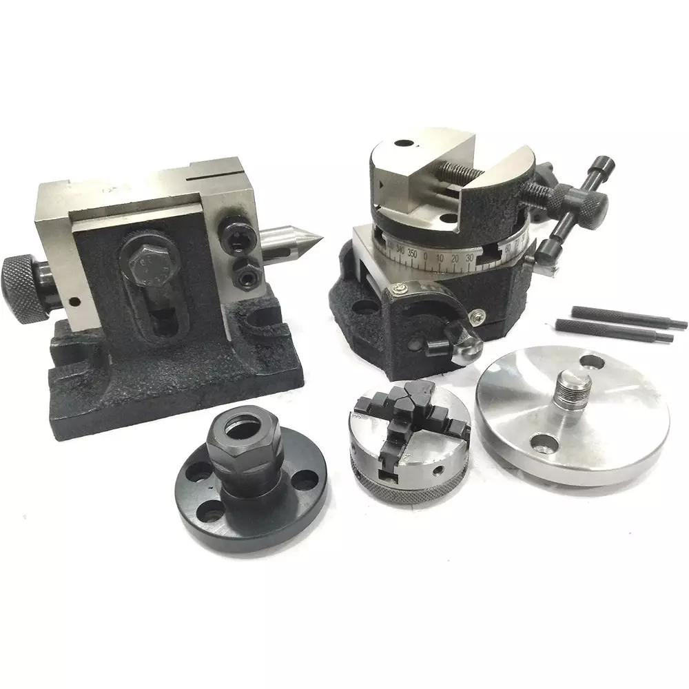 Assorts Tilting Rotary Table 80 mm (3 Inch) with Round Vice, ER20 Collet Adaptor, Tailstock & Chuck W/Back Plate + Fixing T Nut Bolts (With 50 mm 4 Jaws)