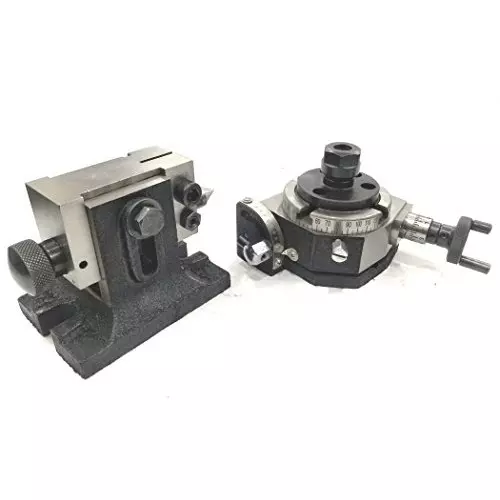 Assorts Tilting Rotary Table 80 mm (3 Inch) with Round Vice, ER20 Collet Adaptor, Tailstock & Chuck W/Back Plate + Fixing T Nut Bolts (With 50 mm 4 Jaws)