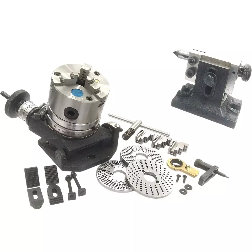 Assorts Tilting Rotary Table 100 mm (4 Inch) 2MT with 100 mm Self Centering Chuck, Dividing Plate, Clamp Kit & Tailstock