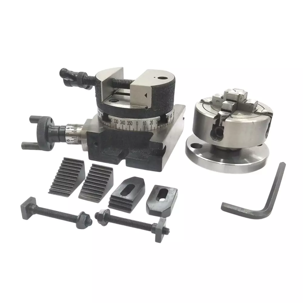Assorts Rotary Milling Table Set Iron 80 mm (3 Inch) Size 70 mm Chuck Size 4 Jaws Independent Chuck M6 Clamp Kit & Small Chuck With Back Plate & Fixing T Nuts Bolts