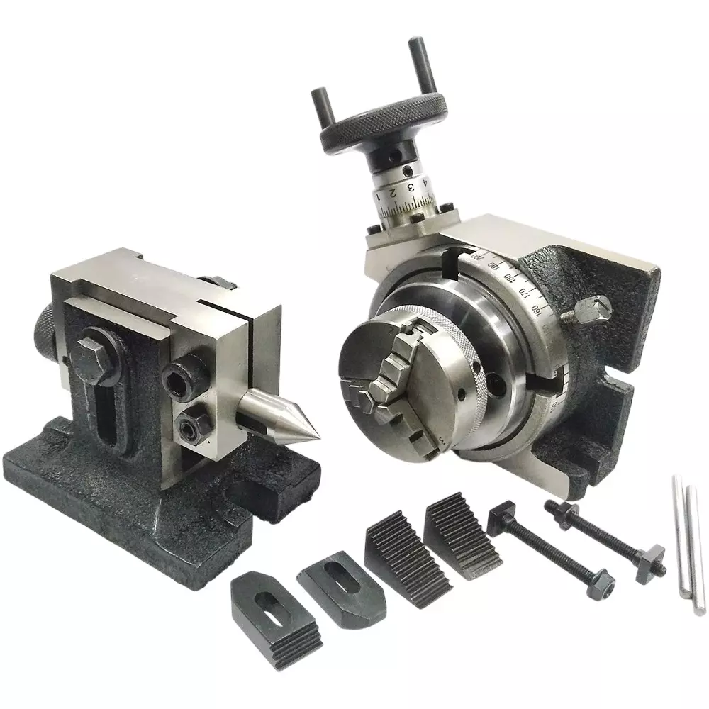 Assorts Precision Rotary Table 100 mm (4 Inch) with Tailstock & Small Chuck & Fixing T Nut Bolts (with 65 mm 3 Jaw Self Centering Chuck)