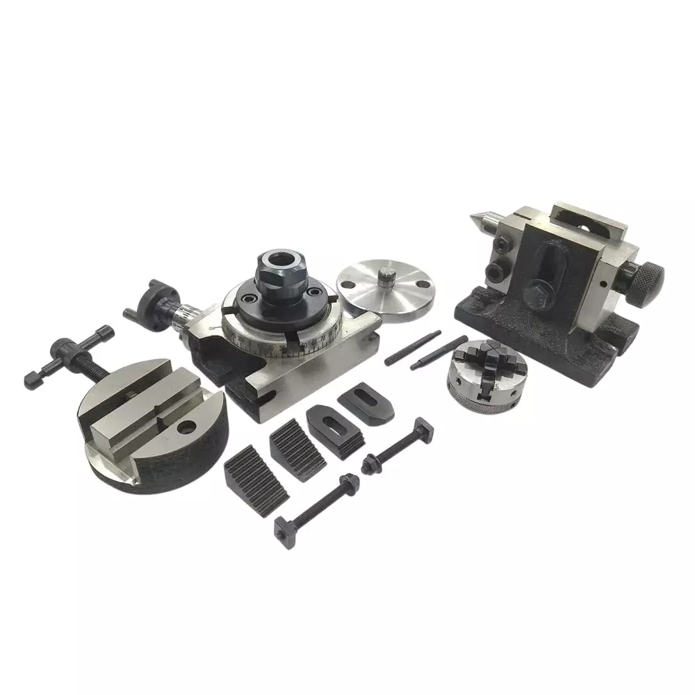 Assorts Rotary Table 80 mm (3 Inch) with ER20 Collet Adaptor, M6 Clamp Kit, Round Vice, A Suitable Tailstock & Small Chuck (With 50 mm 4 Jaw)