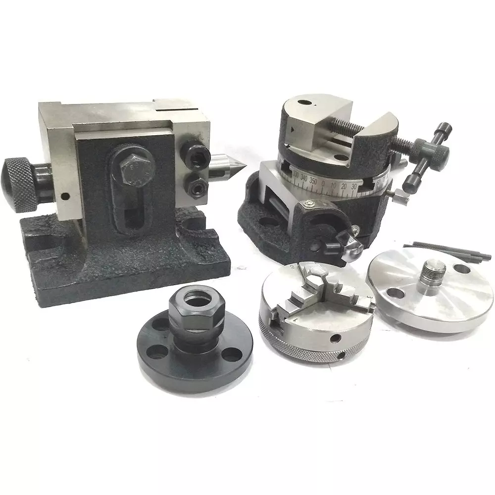 Assorts Tilting Rotary Table 80 mm (3 Inch) with Round Vice, ER20 Collet Adaptor, Tailstock & Chuck W/Back Plate + Fixing T Nut Bolts (With 65 mm 3 Jaws)