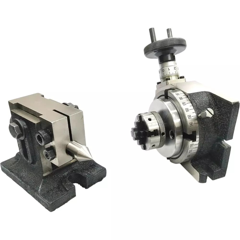 Assorts Quality Precision Rotary Table 100 mm (4 Inch) with Tailstock & Small Chuck & Fixing T Nut Bolts (with 50 mm 4 Jaw)