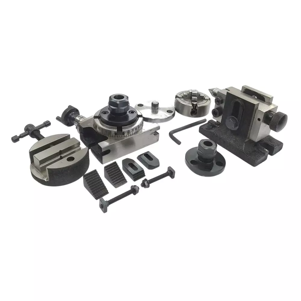 Assorts Rotary Table 80 mm (3 Inch) with ER16 & ER20 Collet Adaptor, M6 Clamp Kit, Round Vice, Tailstock & A Chuck With Back Plate & Fixing Tnuts