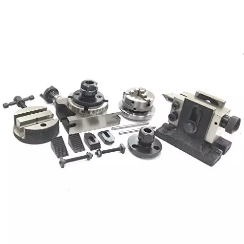 Assorts Rotary Table 80 mm (3 Inch) with ER16 & ER20 Collet Adaptor, M6 Clamp Kit, Round Vice, Tailstock & A Chuck With Back Plate & Fixing Tnuts