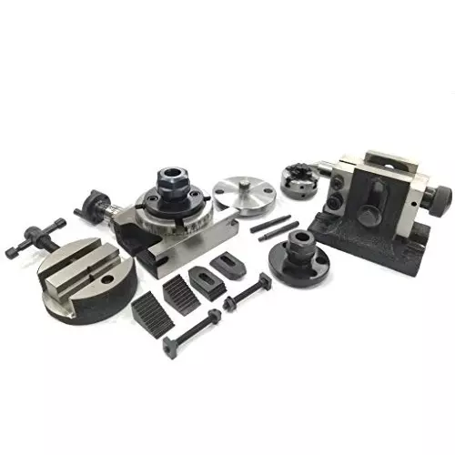 Assorts Rotary Table 80 mm (3 Inch) with ER16 & ER20 Collet Adaptor, M6 Clamp Kit, Round Vice, Tailstock & A Chuck With Back Plate & Fixing Tnuts