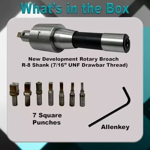 Assorts Precision Rotary Broach Set R8 Shank with 7 Pcs HSS Square Punch Set