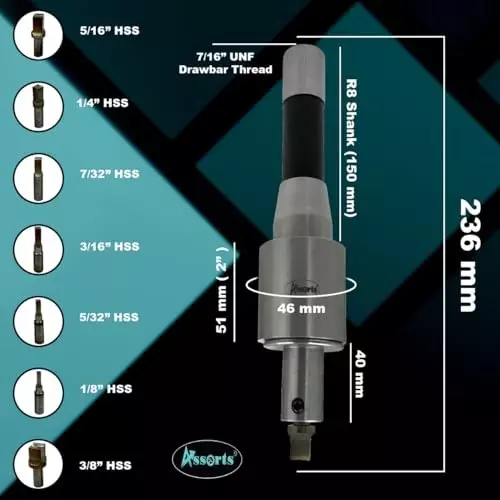 Assorts Precision Rotary Broach Set R8 Shank with 7 Pcs HSS Square Punch Set