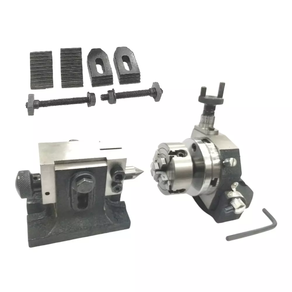 Assorts Tilting Rotary Table 80 mm (3 Inch) with 70 mm Independent Chuck, Suitable Back Plate & T Nuts Bolts, Tailstock & M6 Clamp Kit