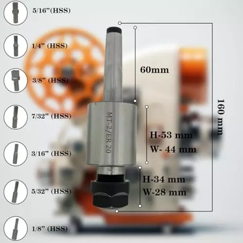 Assorts Rotary Broach Kit Tool Steel ER-20 Adapter MT2 Shank with 7-Piece Square Broach Set