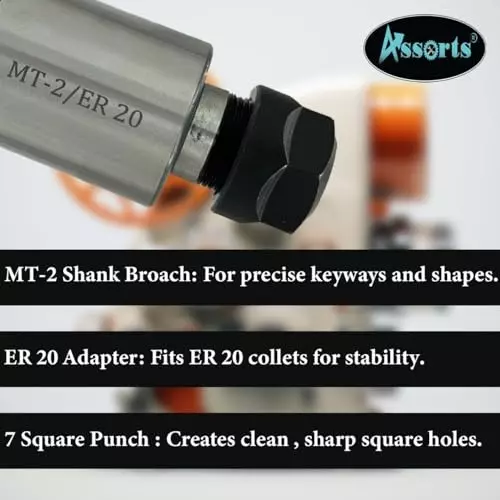 Assorts Rotary Broach Kit Tool Steel ER-20 Adapter MT2 Shank with 7-Piece Square Broach Set