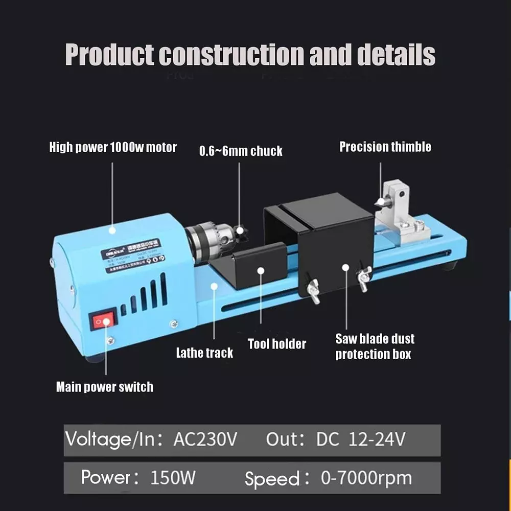 Nutronics Mini Wood Table Top Lathe Tool Kit 150 W Power 7-Level Adjustable Speed (0-7000 rpm) Blue & Black