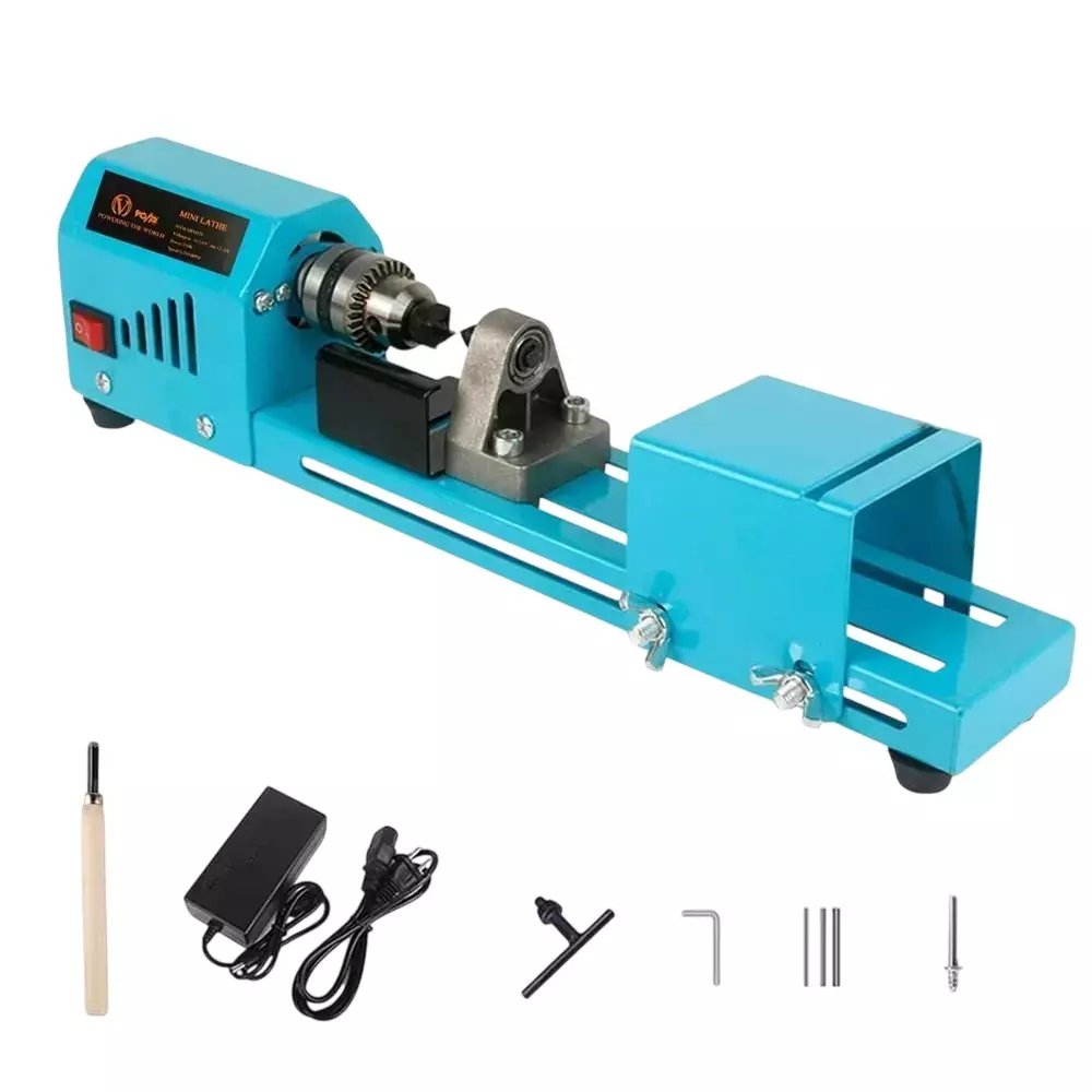 Hartley Mini Wood Table Top Lathe Tool Kit 150 W Power 7-Level Adjustable Speed (0-7000 RPM) Blue & Black