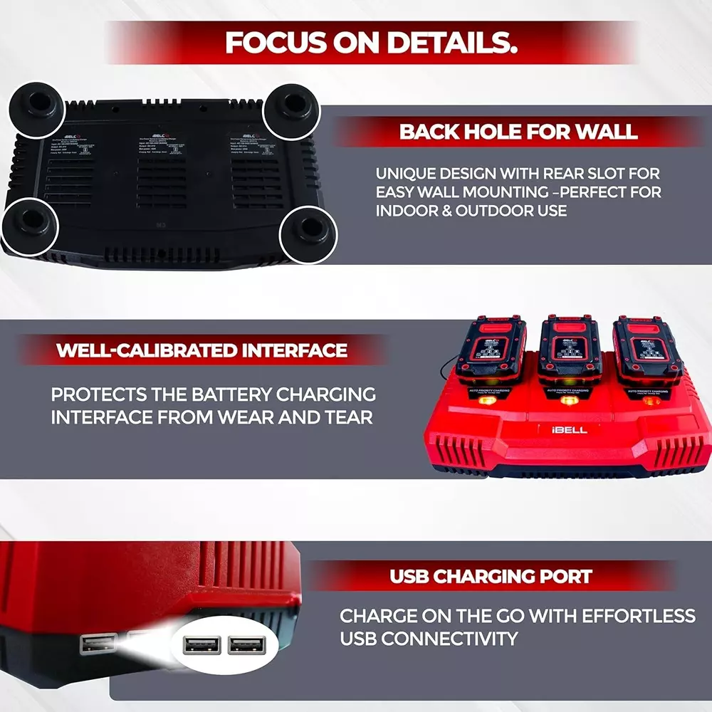 ibell-one-power-series-li-ion-tri-charger-3-slot-21-v-65-w-fast-charging-3-a-output-with-usb-port-opst3c