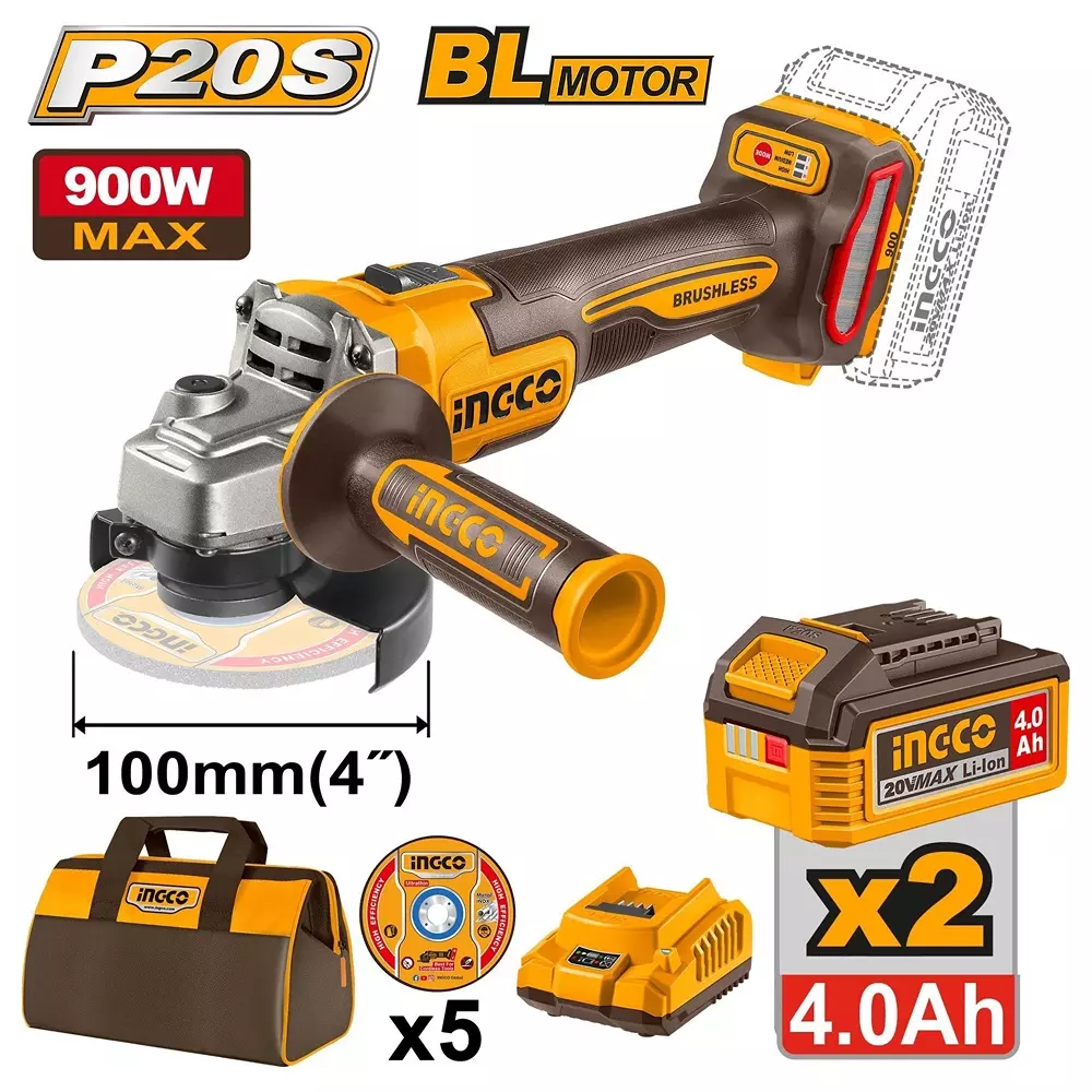 INGCO 20 V Cordless Angle Grinder 9000 RPM Maximum Speed and 100 mm Wheel Size, CAGLI261023 (With Battery, Charger & 5 Cutting Blades)