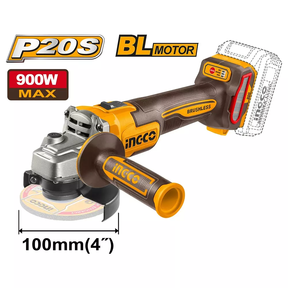 ingco-20-v-cordless-angle-grinder-9000-rpm-maximum-speed-and-100-mm-wheel-size-cagli261023-with-battery-charger-5-cutting-blades
