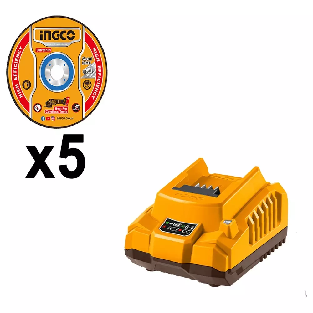 ingco-20-v-cordless-angle-grinder-9000-rpm-maximum-speed-and-100-mm-wheel-size-cagli261023-with-battery-charger-5-cutting-blades