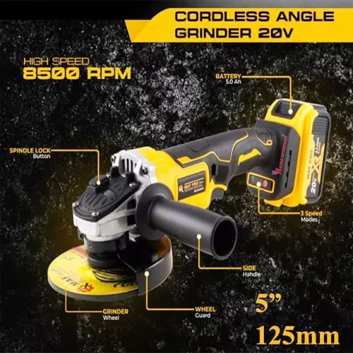 Malfah Enterprises Cordless Angle Grinder 5 Ah Lithium Battery 3 Mode 8500 RPM Yellow & Black