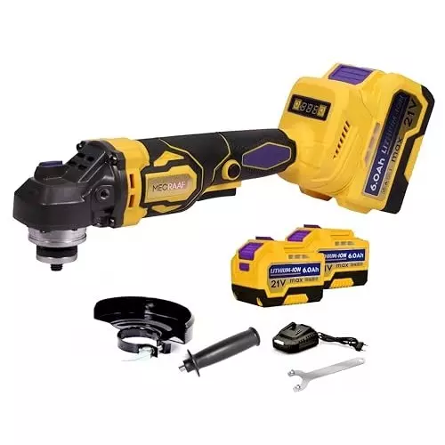 MECRAAF Cordless Power Angle Grinder Battery & Charger Kit Brushless Motor 21 V 9000 RPM Speed Yellow & Black, AG4-Y 6AH