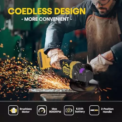 MECRAAF Cordless Power Angle Grinder Battery & Charger Kit Brushless Motor 21 V 9000 RPM Speed Yellow & Black, AG4-Y 6AH