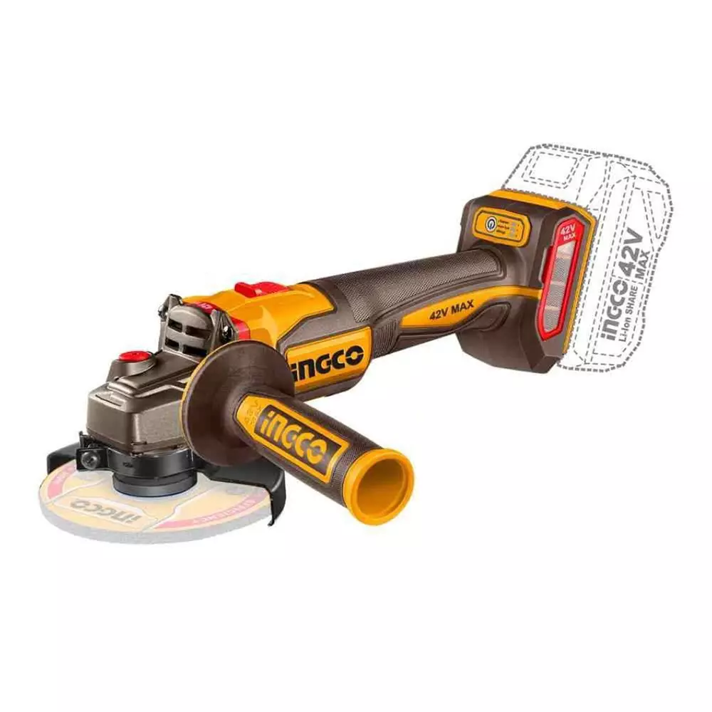 Ingco Cordless Angle Grinder 1280 W Power 100 mm Disc Diameter Brushless Motor, CAGLI4128102 (with Battery)