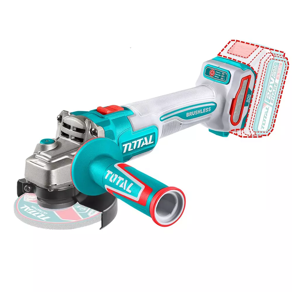 Total Cordless Angle Grinder 20 V Brushless 100 mm 3 Speed 3000-9000 RPM with Battery & Charger, TAGLI261021 (With Cutting Discs)