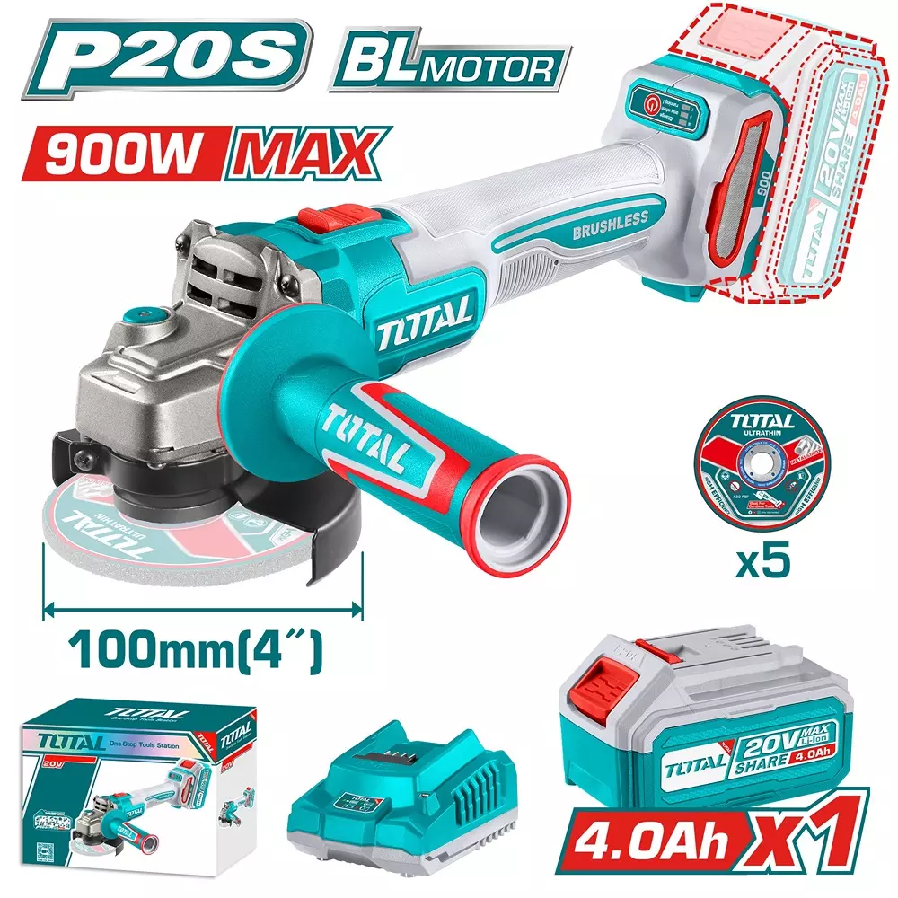 total-cordless-angle-grinder-20-v-brushless-100-mm-3-speed-3000-9000-rpm-with-battery-charger-tagli261021-with-cutting-discs